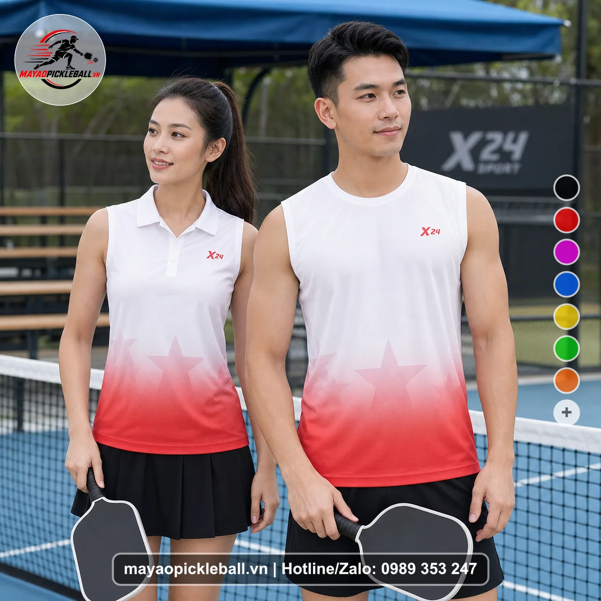 Bộ quần áo pickleball X24-PB-309 hồng, đỏ biến thể không ống tay
