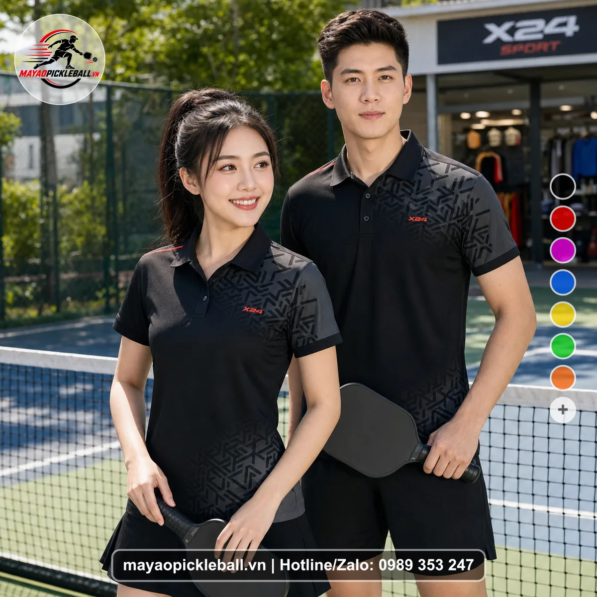 Bộ quần áo pickleball X24-PB-327 đen, đỏ áo có tay có cổ