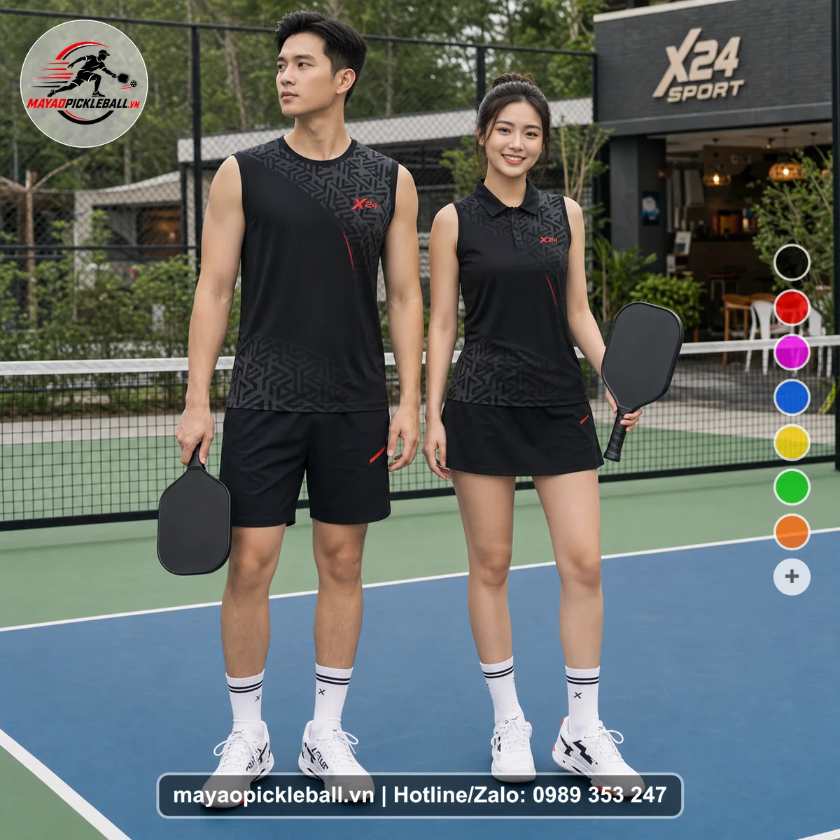 Bộ quần áo pickleball X24-PB-327 đen, đỏ biến thể không ống tay