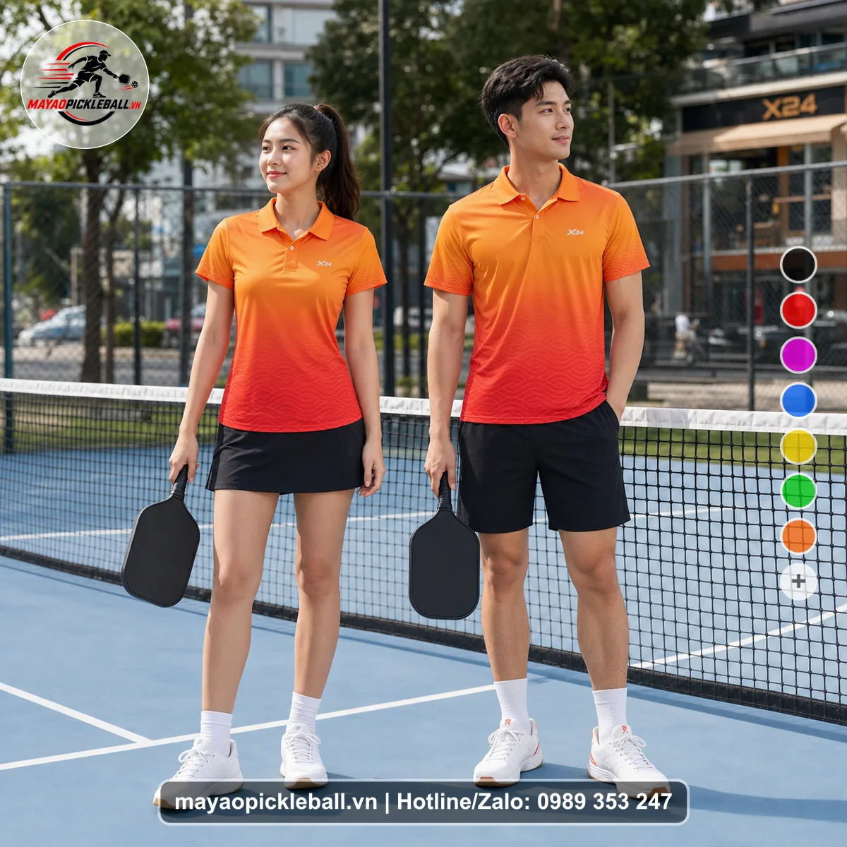 Bộ quần áo pickleball X24-PB-333 xanh, đỏ áo có tay có cổ