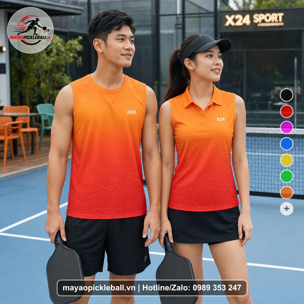Bộ quần áo pickleball X24-PB-333 xanh, đỏ biến thể không ống tay