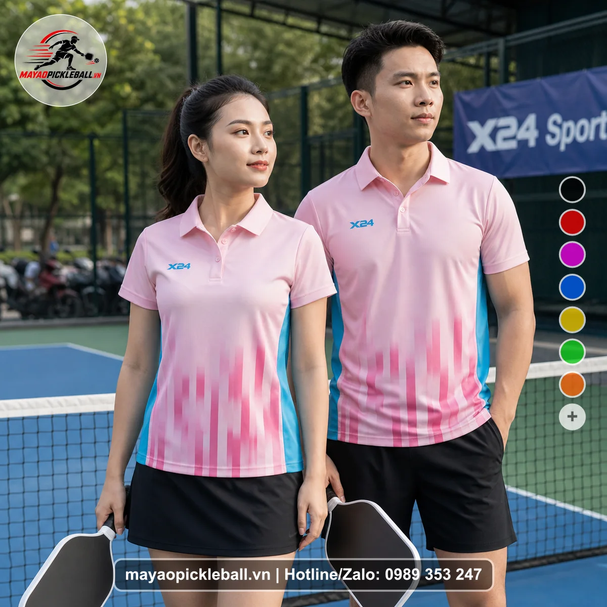 Bộ quần áo pickleball X24-PB-345 hồng áo có tay có cổ