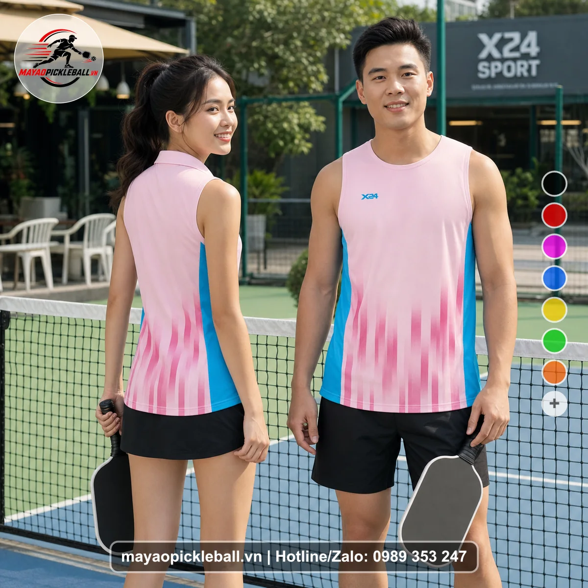 Bộ quần áo pickleball X24-PB-345 hồng biến thể không ống tay