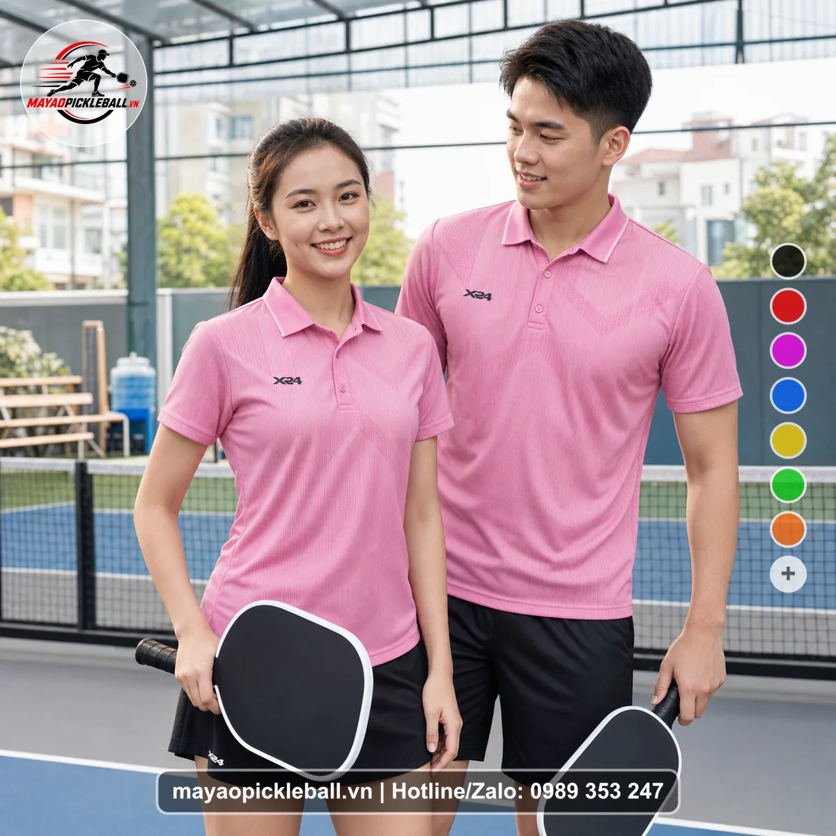 Bộ quần áo pickleball X24-PB-378 đỏ áo có tay có cổ