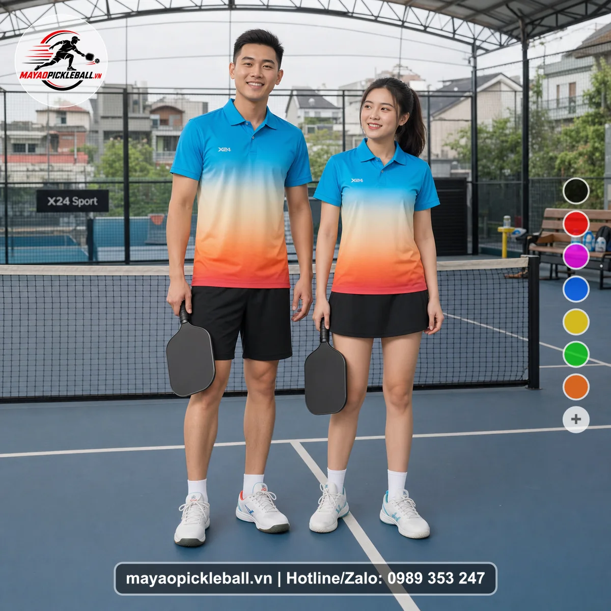 Bộ quần áo pickleball X24-PB-398 đỏ áo có tay có cổ