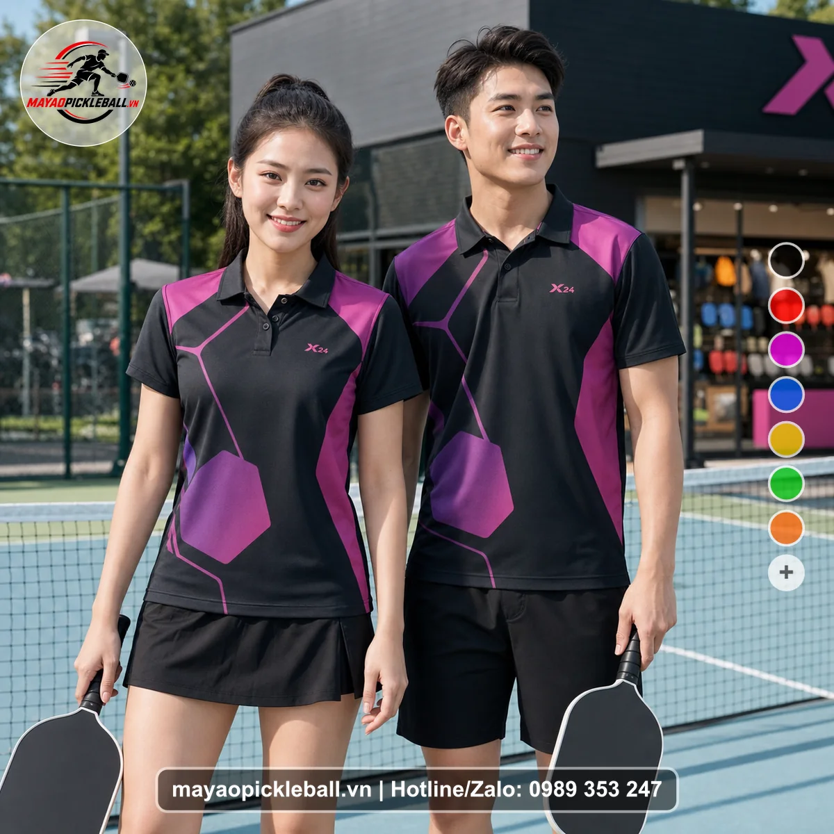 Bộ quần áo pickleball X24-PB-406 đen, tím áo có tay có cổ