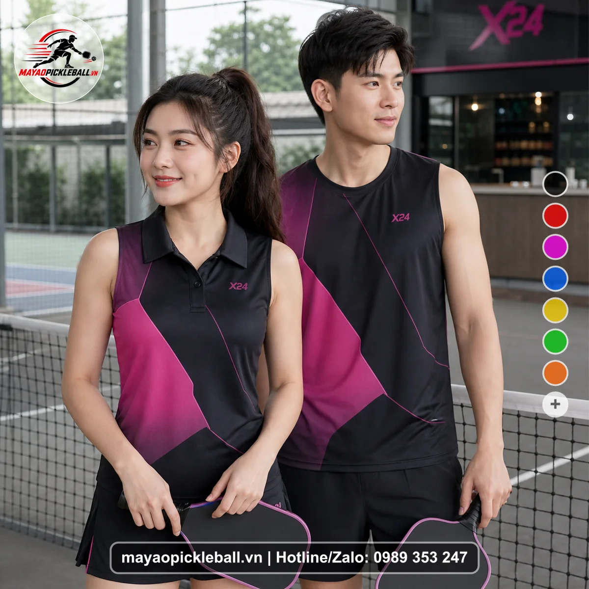 Bộ quần áo pickleball X24-PB-406 đen, tím biến thể không ống tay
