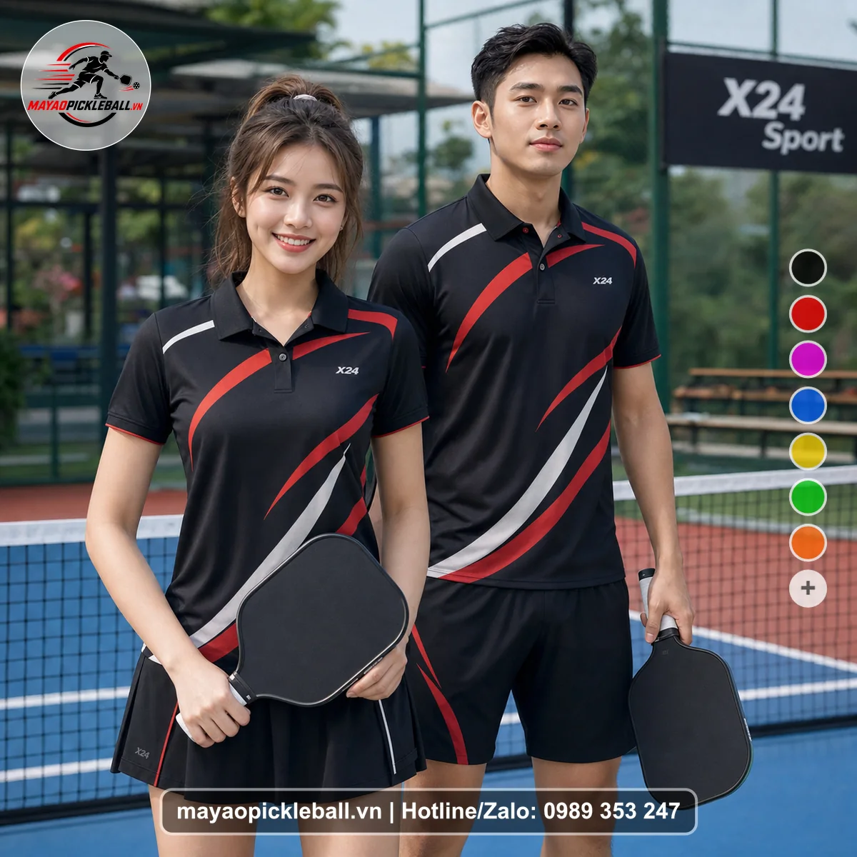 Bộ quần áo pickleball X24-PB-432 đỏ áo có tay có cổ