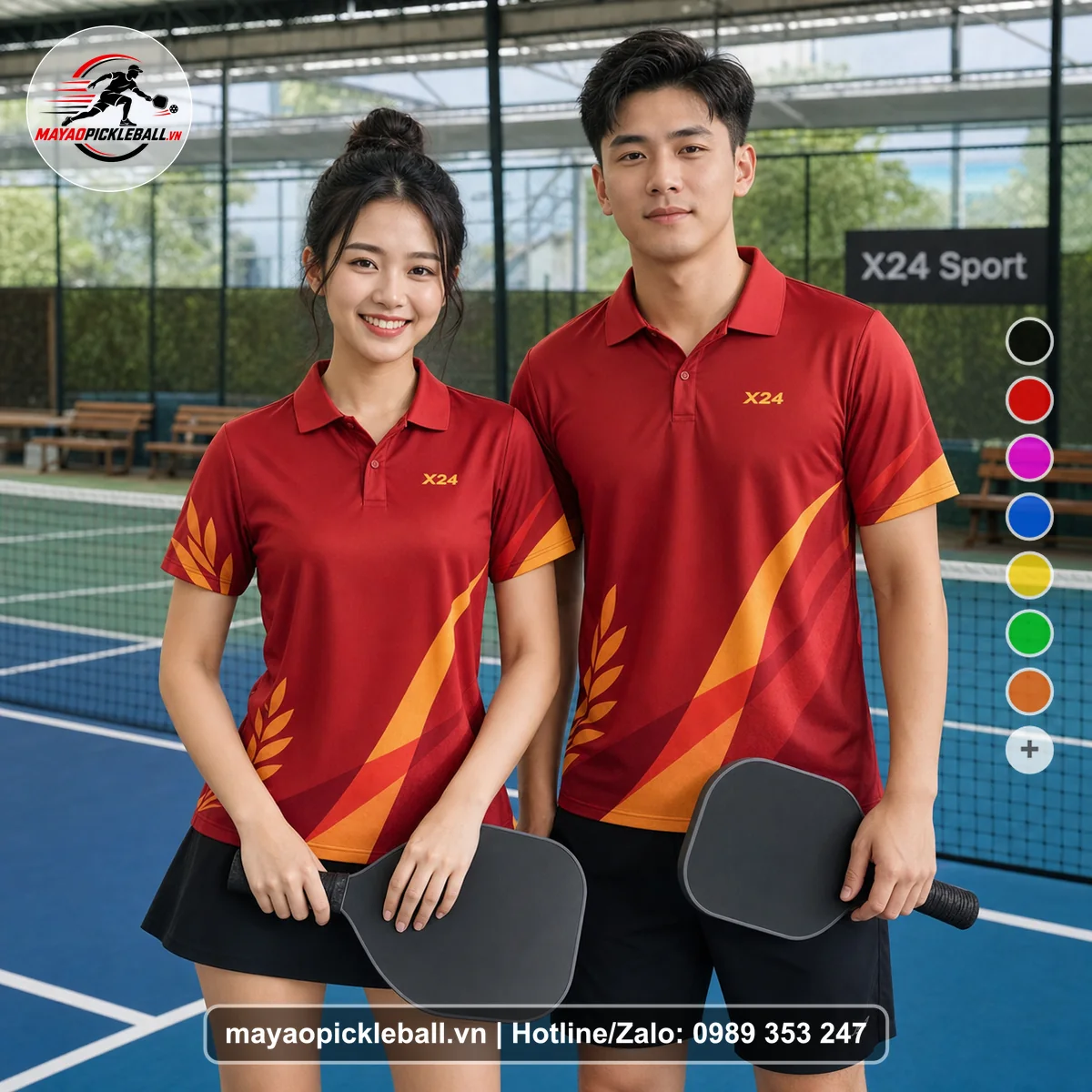 Bộ quần áo pickleball X24-PB-435 đỏ áo có tay có cổ