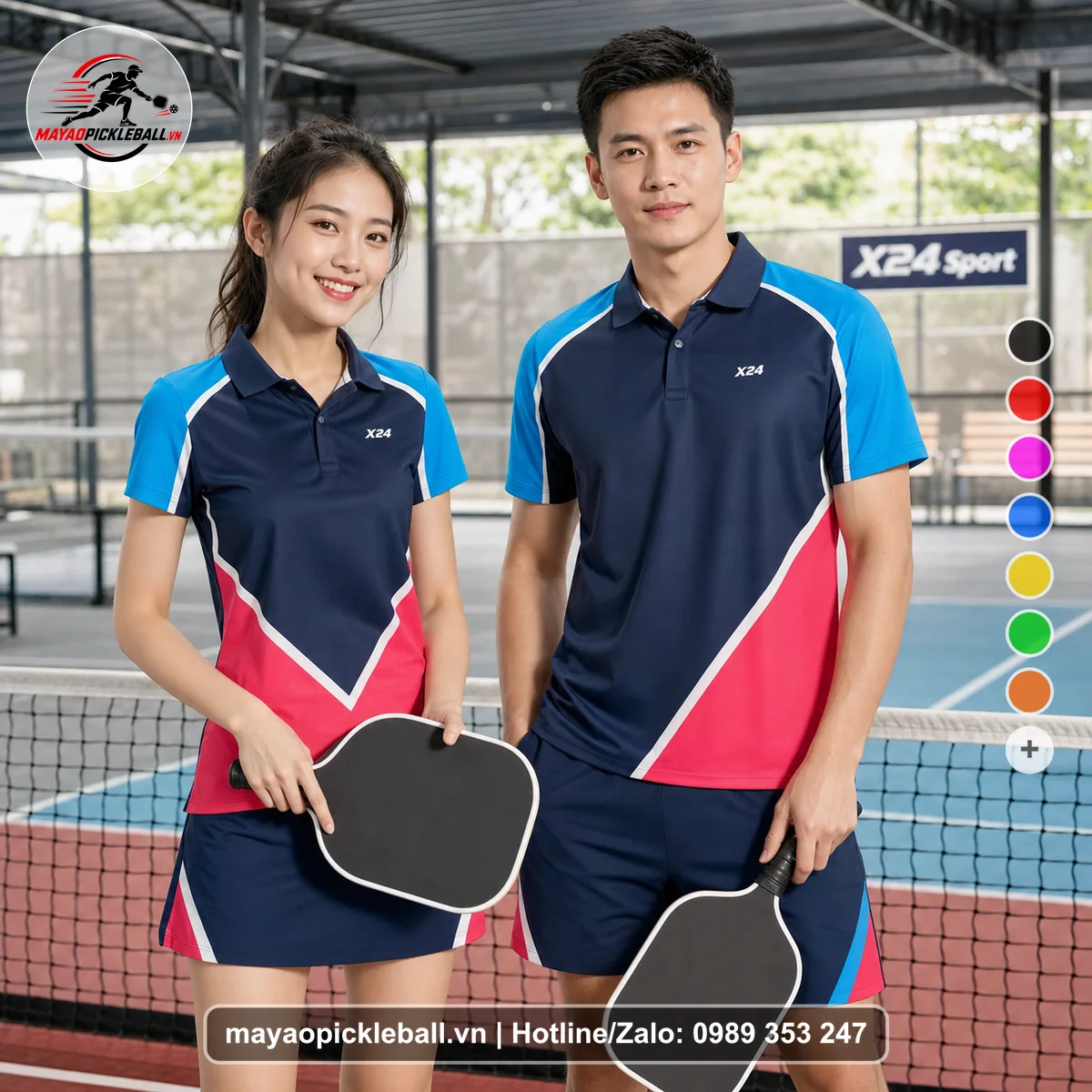 Bộ quần áo pickleball X24-PB-438 đỏ áo có tay có cổ