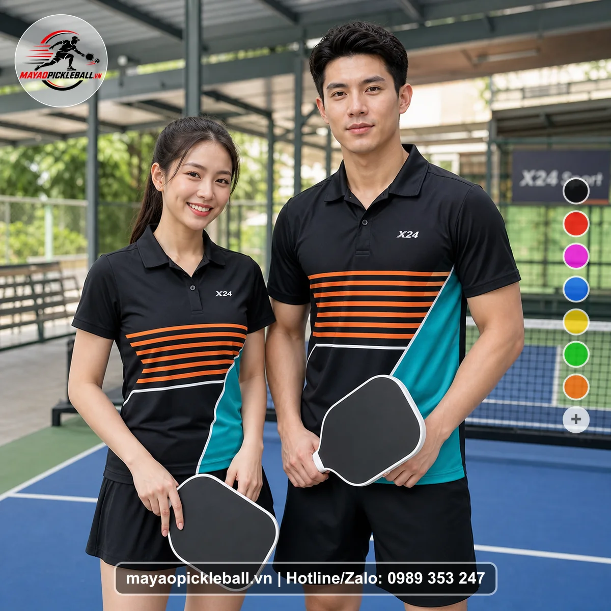 Bộ quần áo pickleball X24-PB-445 hồng, đỏ áo có tay có cổ