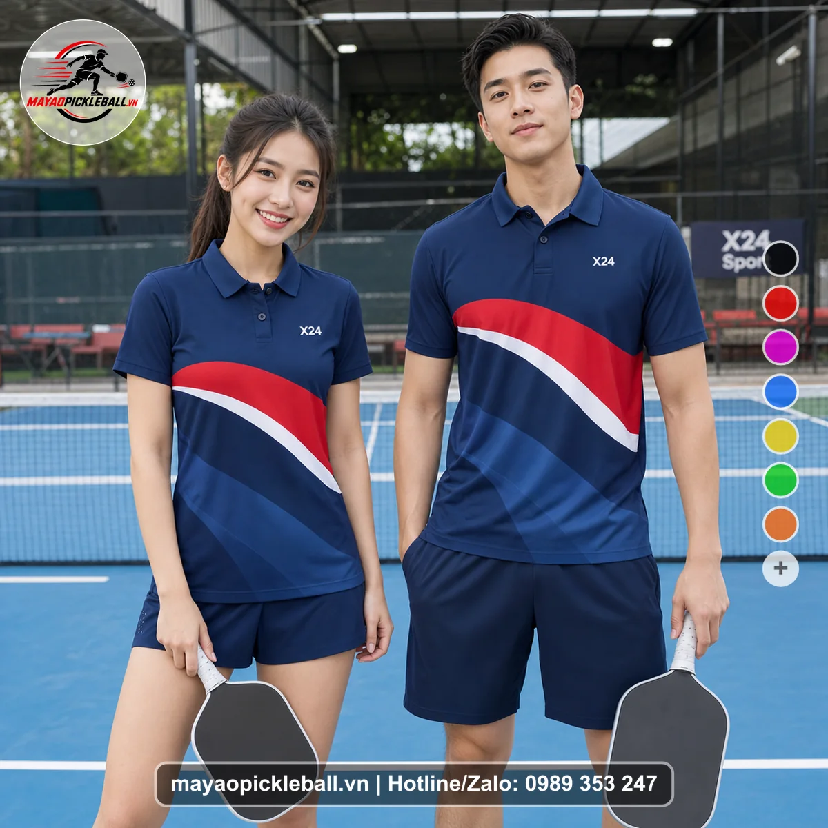 Bộ quần áo pickleball X24-PB-449 đỏ áo có tay có cổ
