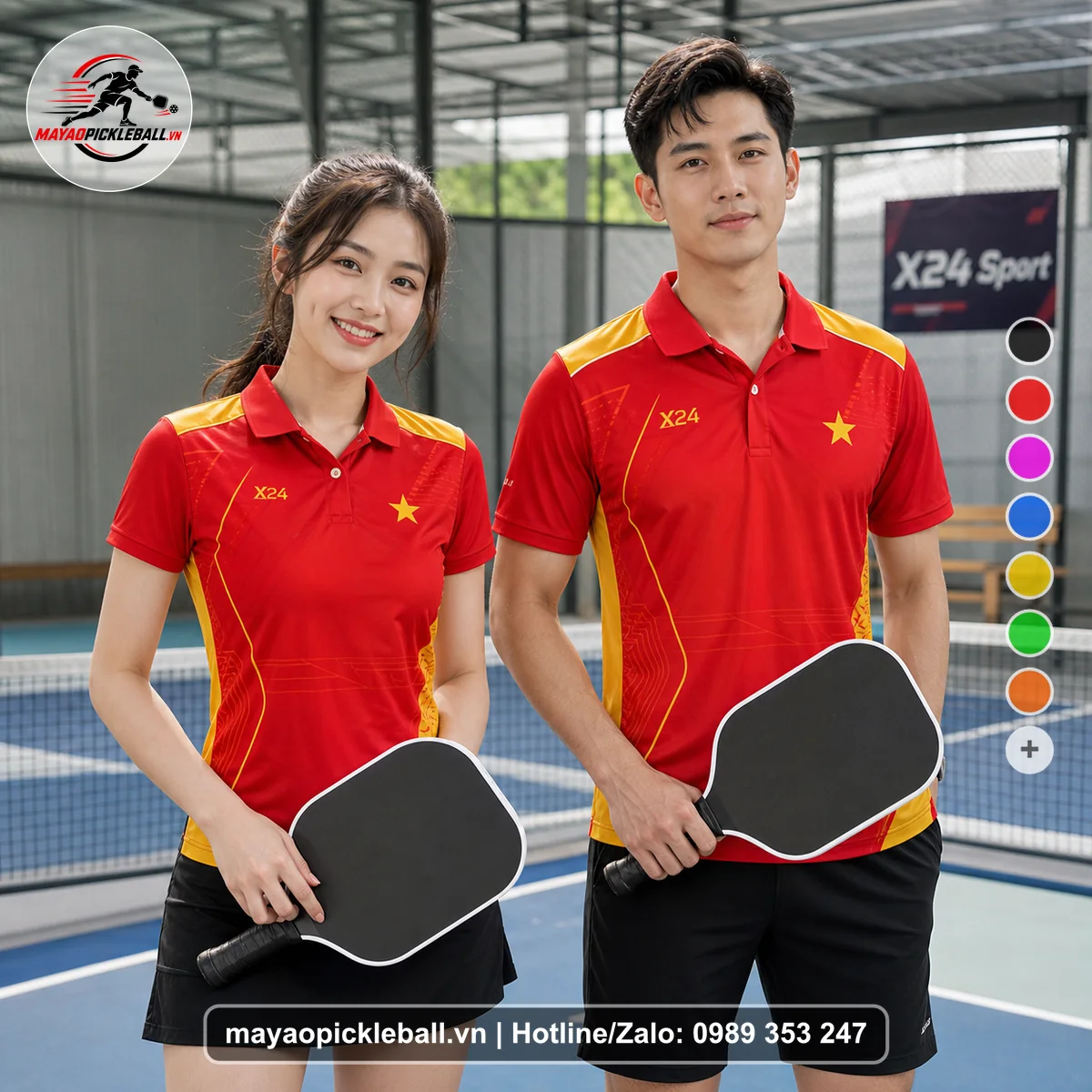 Bộ quần áo pickleball X24-PB-456 vàng áo có tay có cổ