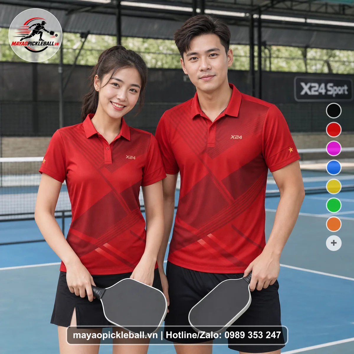 Bộ quần áo pickleball X24-PB-461 đỏ áo có tay có cổ