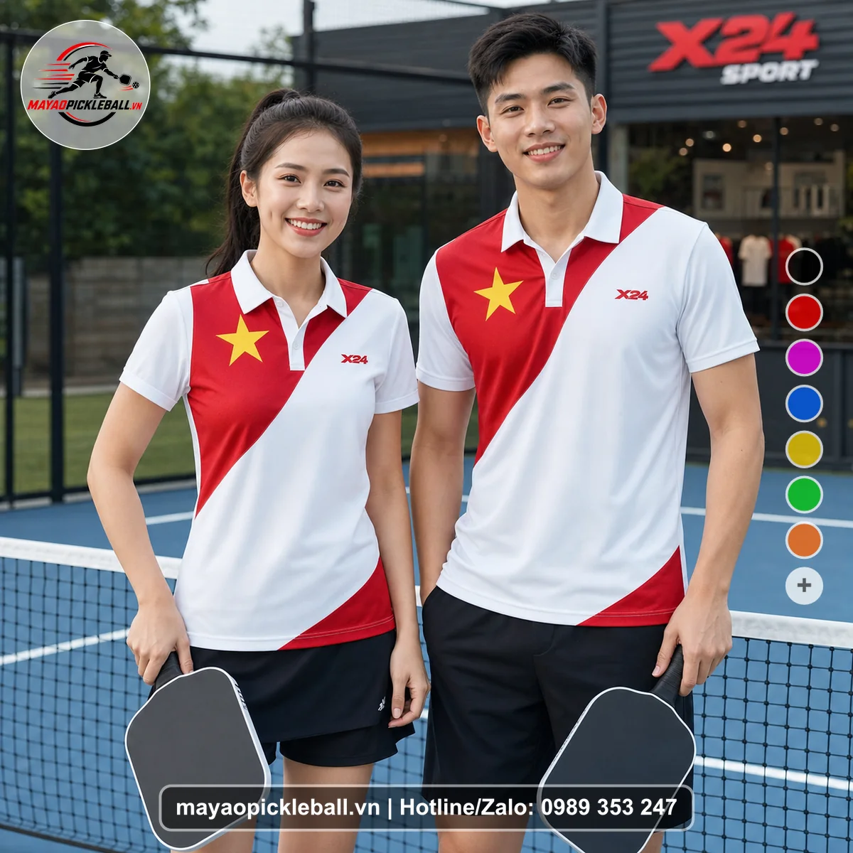 Bộ quần áo pickleball X24-PB-467 đỏ áo có tay có cổ