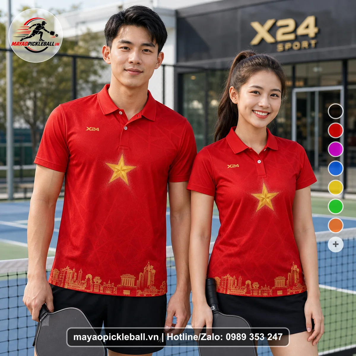 Bộ quần áo pickleball X24-PB-468 tím, đỏ áo có tay có cổ