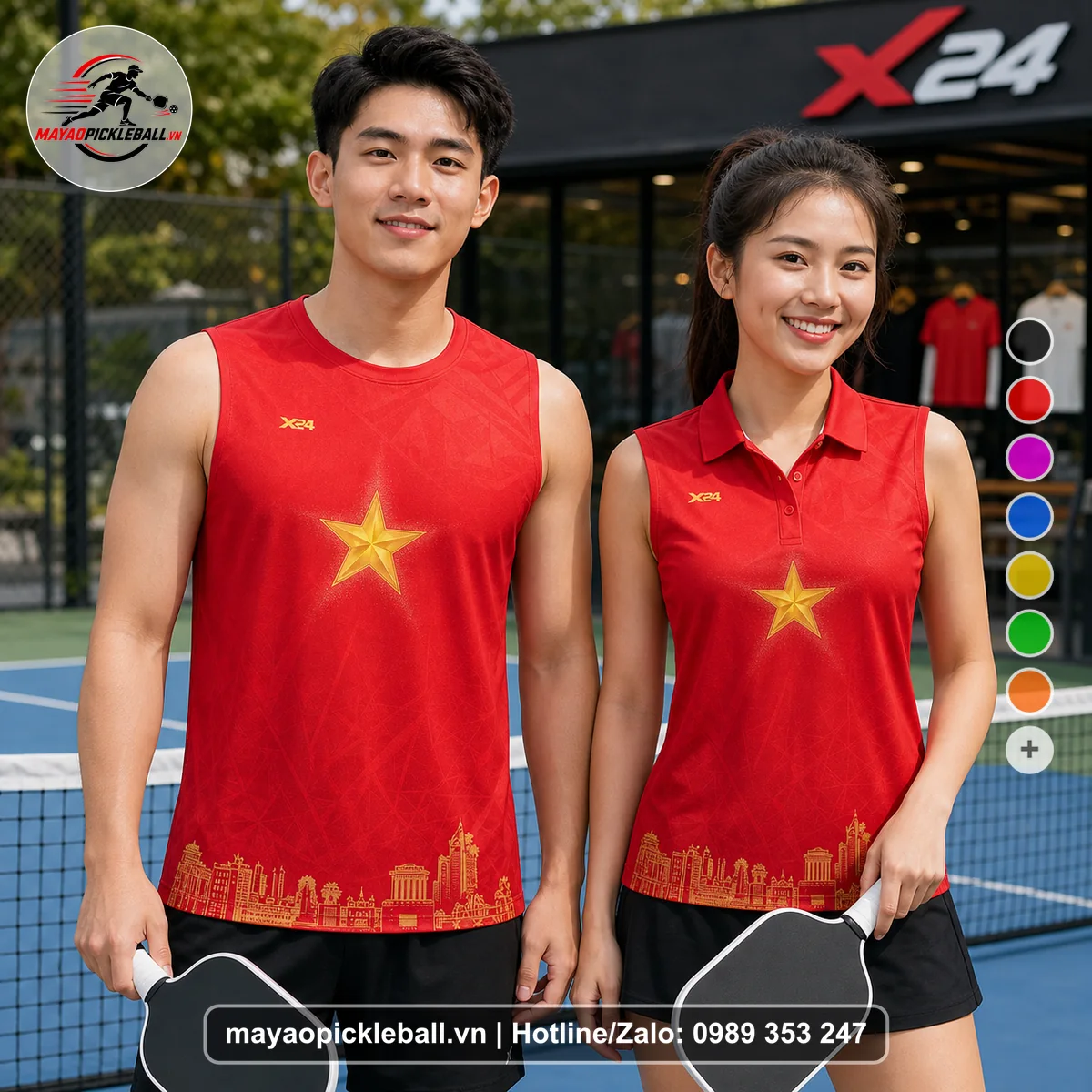 Bộ quần áo pickleball X24-PB-468 tím, đỏ biến thể không ống tay