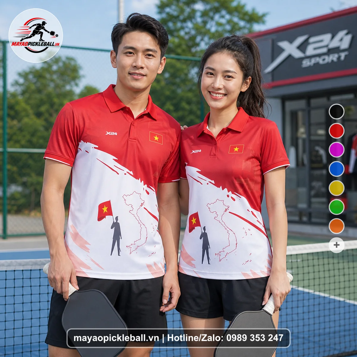 Bộ quần áo pickleball X24-PB-469 đỏ áo có tay có cổ