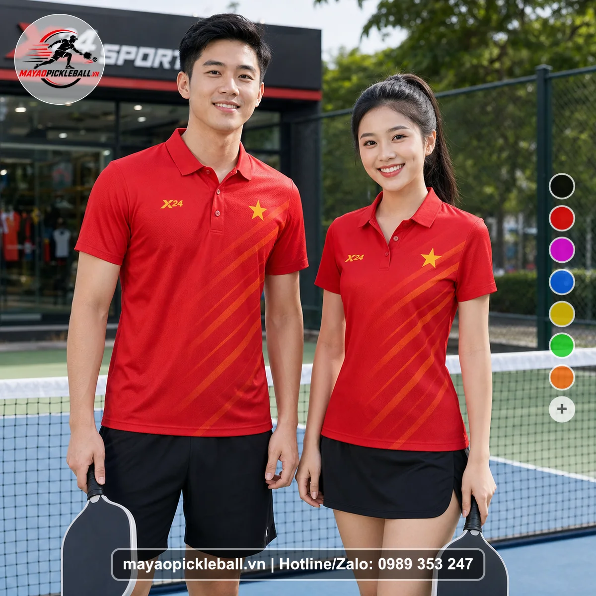 Bộ quần áo pickleball X24-PB-470 tím, đỏ áo có tay có cổ