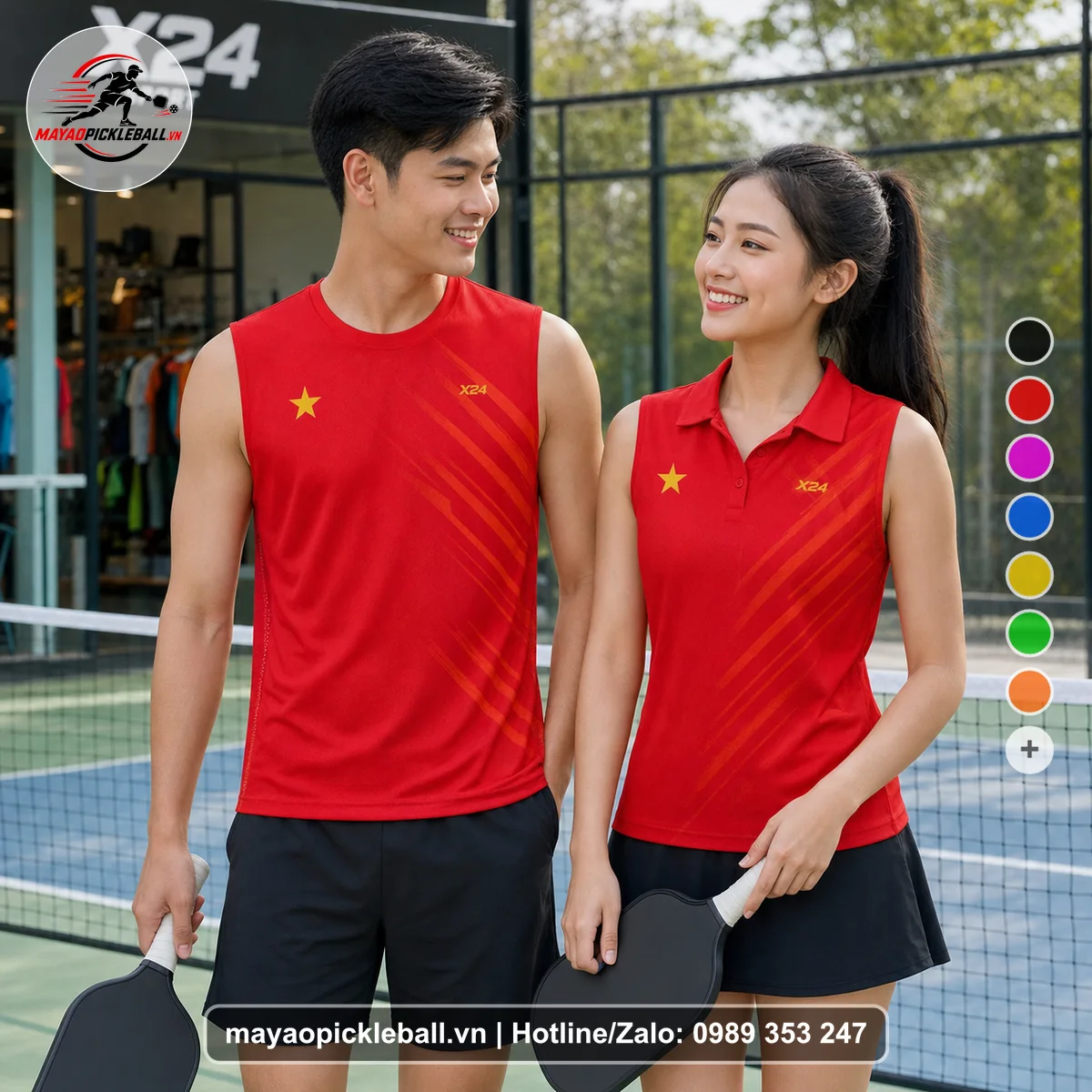 Bộ quần áo pickleball X24-PB-470 tím, đỏ biến thể không ống tay
