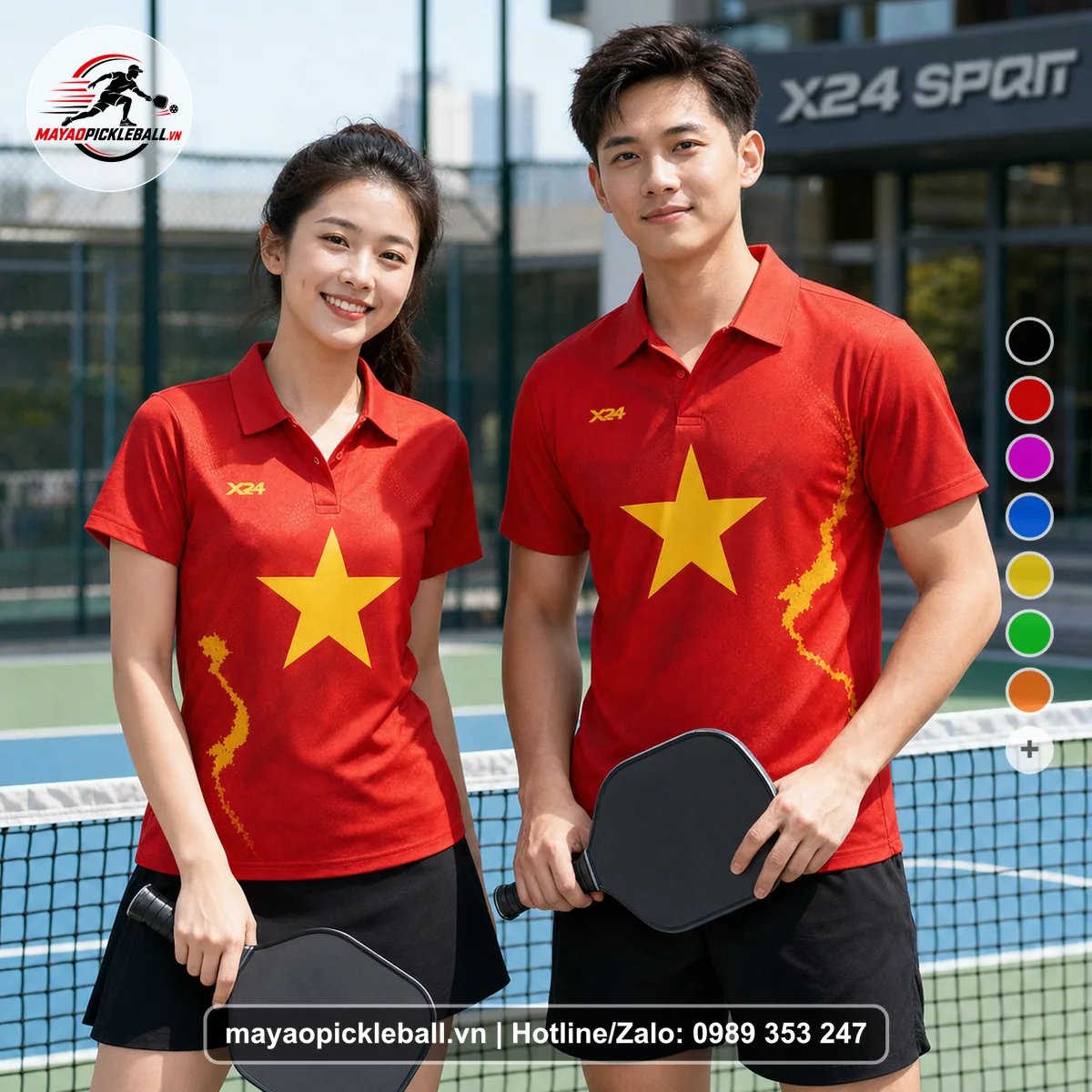 Bộ quần áo pickleball X24-PB-472 đỏ áo có tay có cổ