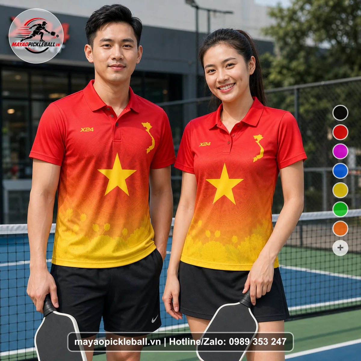 Bộ quần áo pickleball X24-PB-473 đỏ, vàng áo có tay có cổ