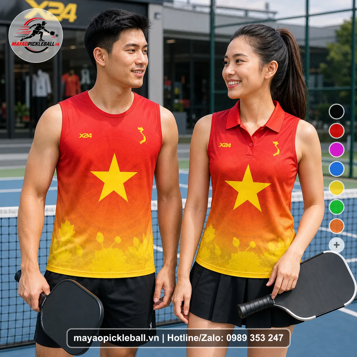 Bộ quần áo pickleball X24-PB-473 đỏ, vàng biến thể không ống tay