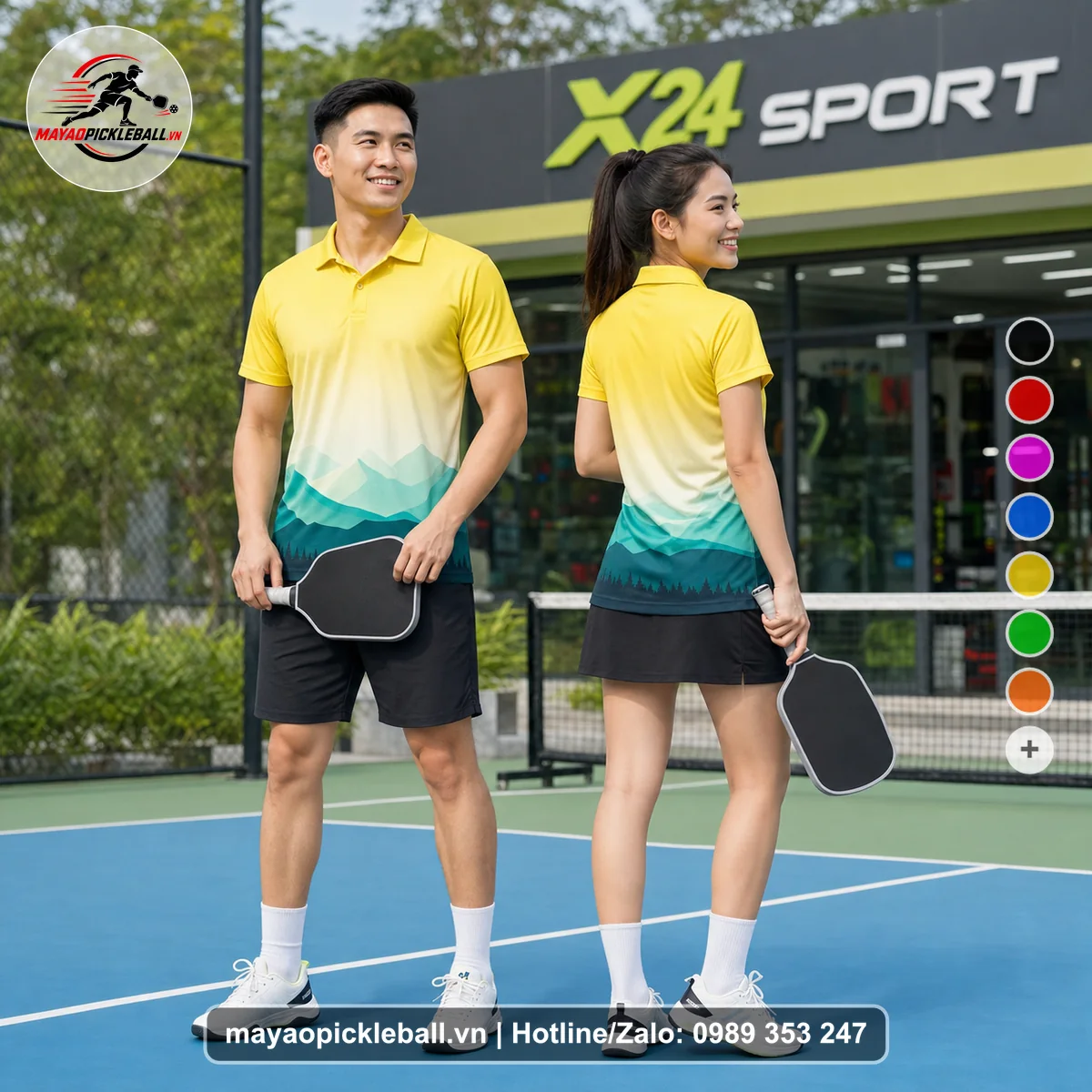 Bộ quần áo pickleball X24-PB-476 vàng áo có tay có cổ