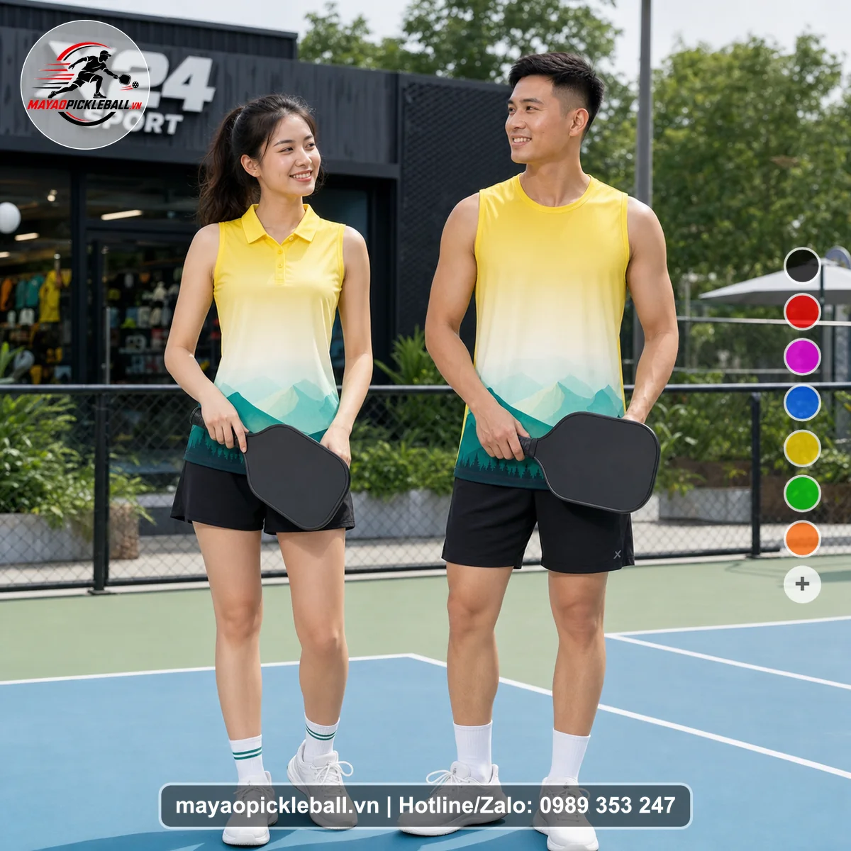 Bộ quần áo pickleball X24-PB-476 vàng biến thể không ống tay