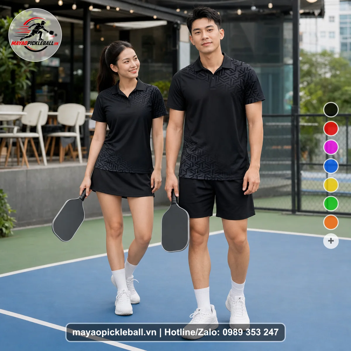 Bộ quần áo pickleball X24-PB-477 đen áo có tay có cổ