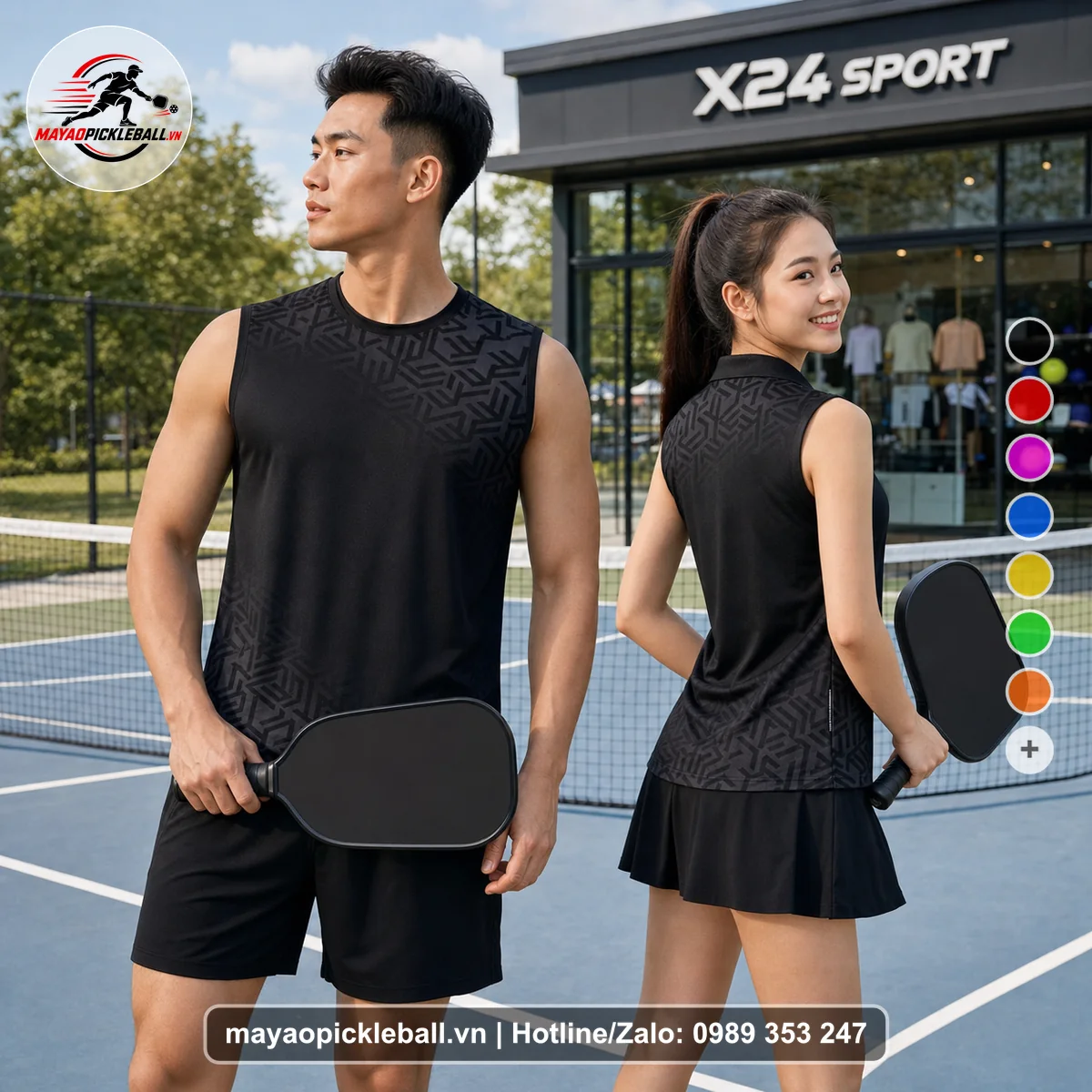 Bộ quần áo pickleball X24-PB-477 đen biến thể không ống tay