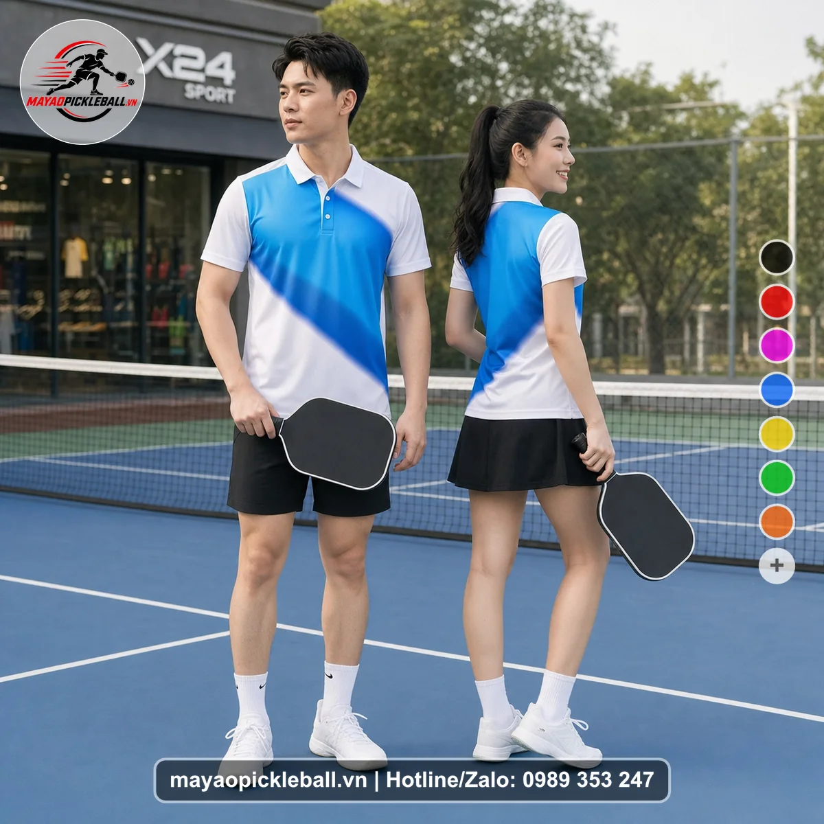 Bộ quần áo pickleball X24-PB-478 trắng, xanh áo có tay có cổ