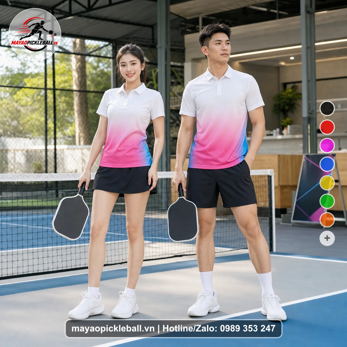 Bộ quần áo pickleball X24-PB-482 hồng, tím, xanh áo có tay có cổ