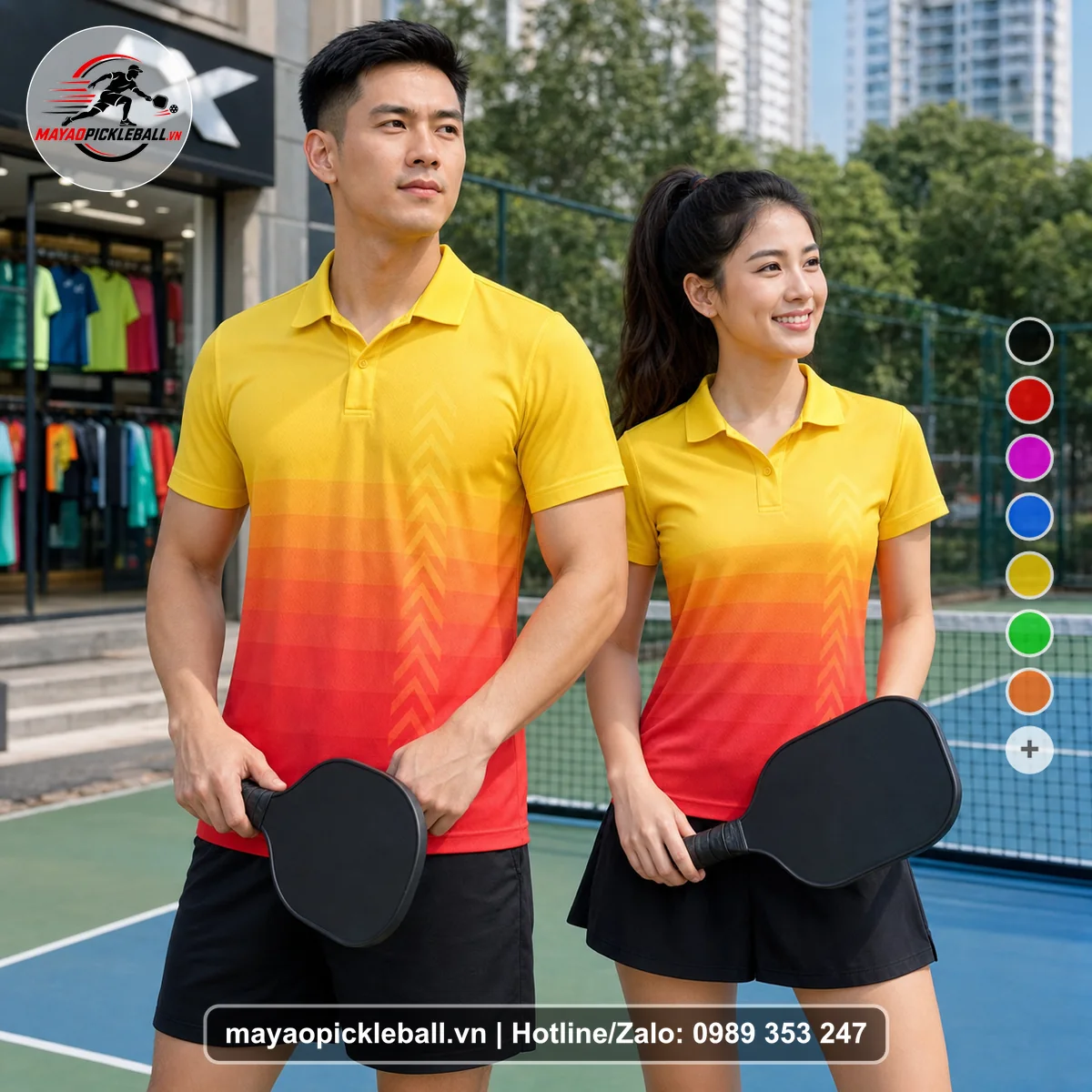 Bộ quần áo pickleball X24-PB-483 đỏ, vàng, cam áo có tay có cổ