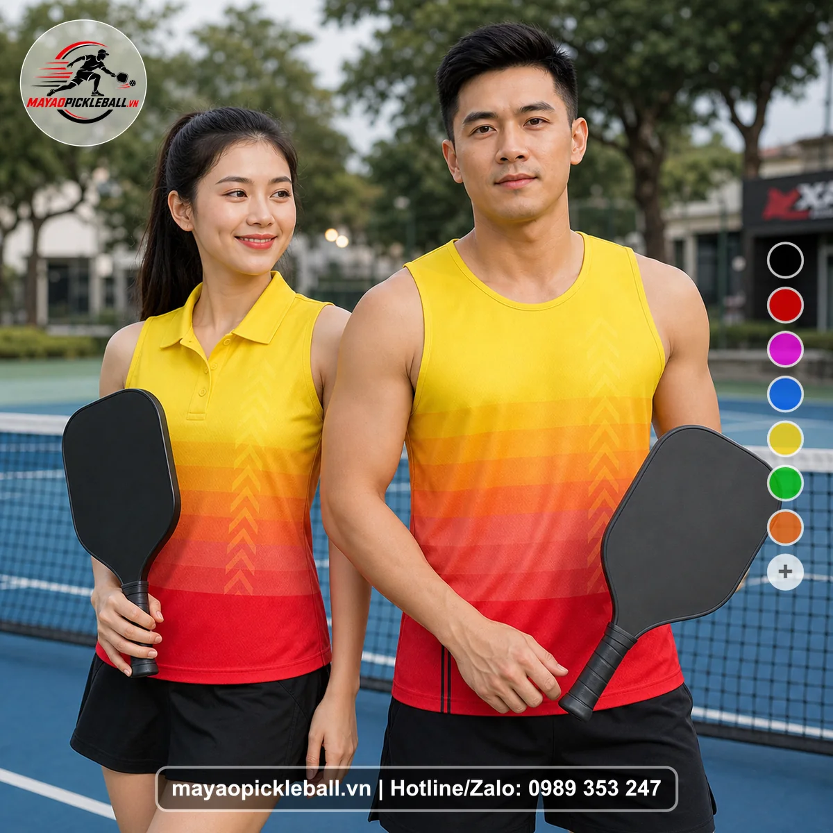 Bộ quần áo pickleball X24-PB-483 đỏ, vàng, cam biến thể không ống tay