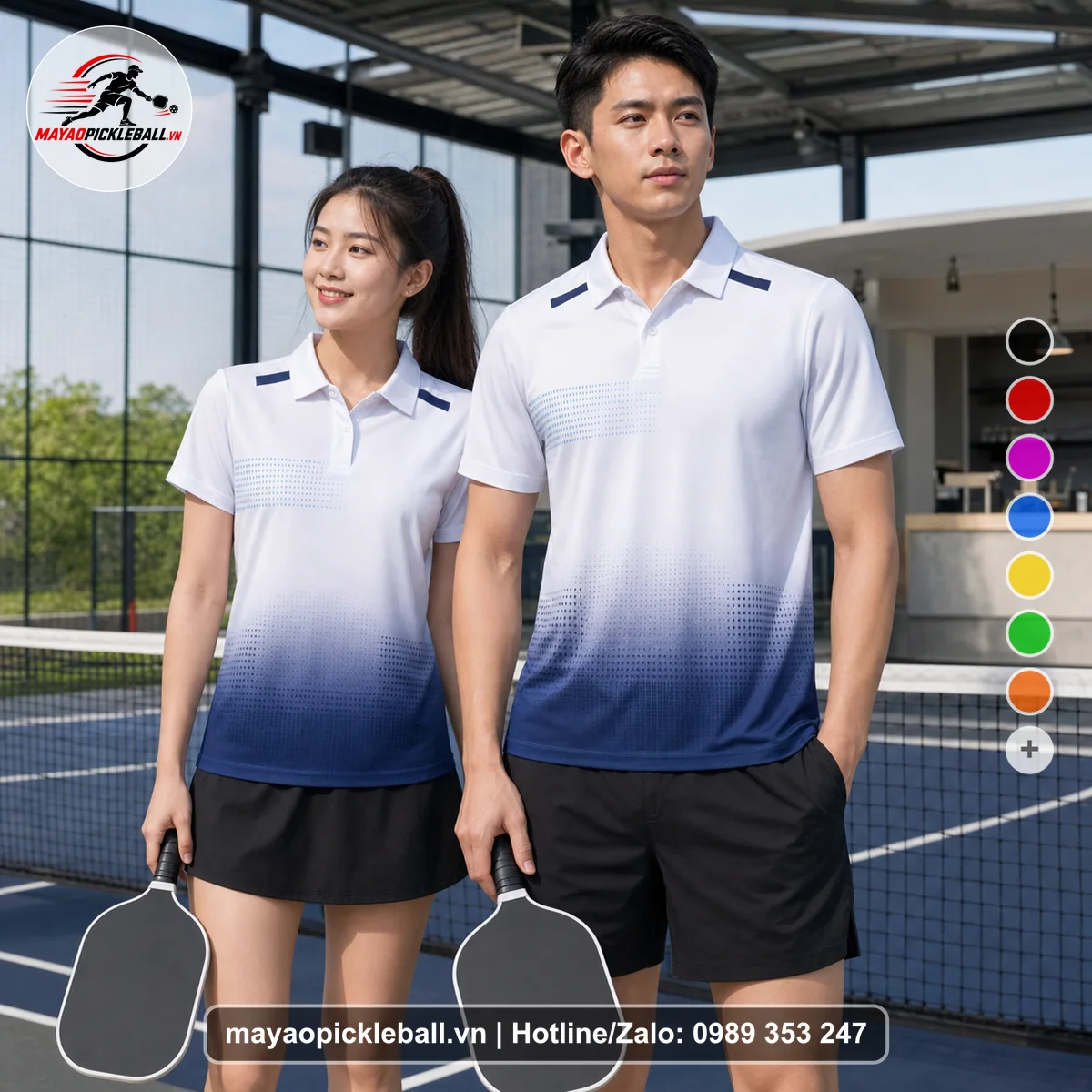 Bộ quần áo pickleball X24-PB-484 trắng, xanh áo có tay có cổ