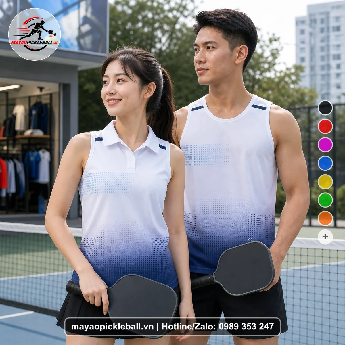 Bộ quần áo pickleball X24-PB-484 trắng, xanh biến thể không ống tay