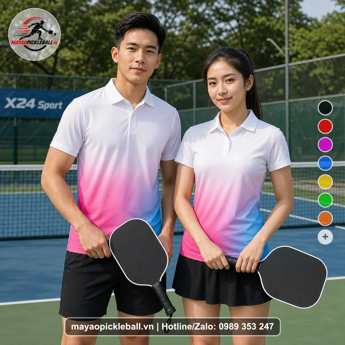 Bộ quần áo pickleball X24-PB-486 hồng, trắng, xanh áo có tay có cổ