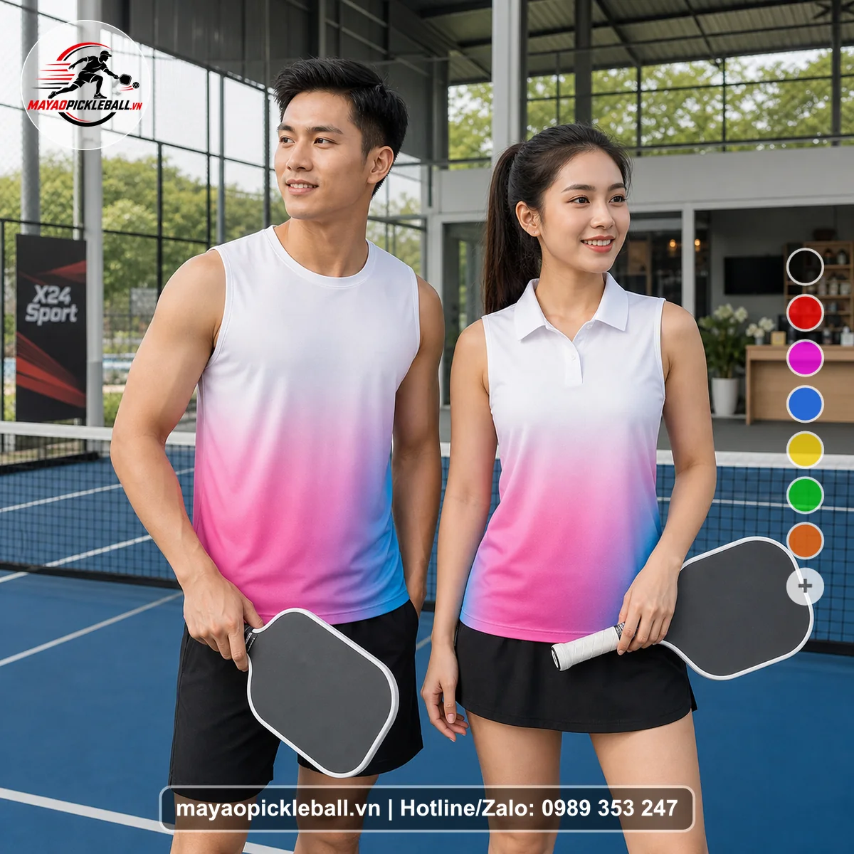 Bộ quần áo pickleball X24-PB-486 hồng, trắng, xanh biến thể không ống tay