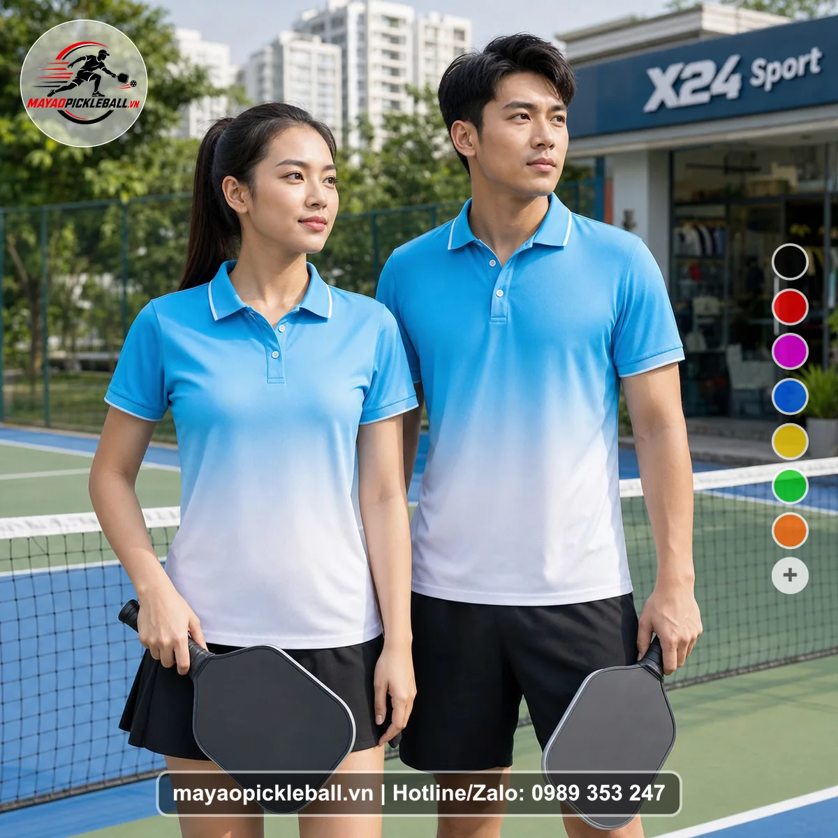 Bộ quần áo pickleball X24-PB-488 xanh áo có tay có cổ