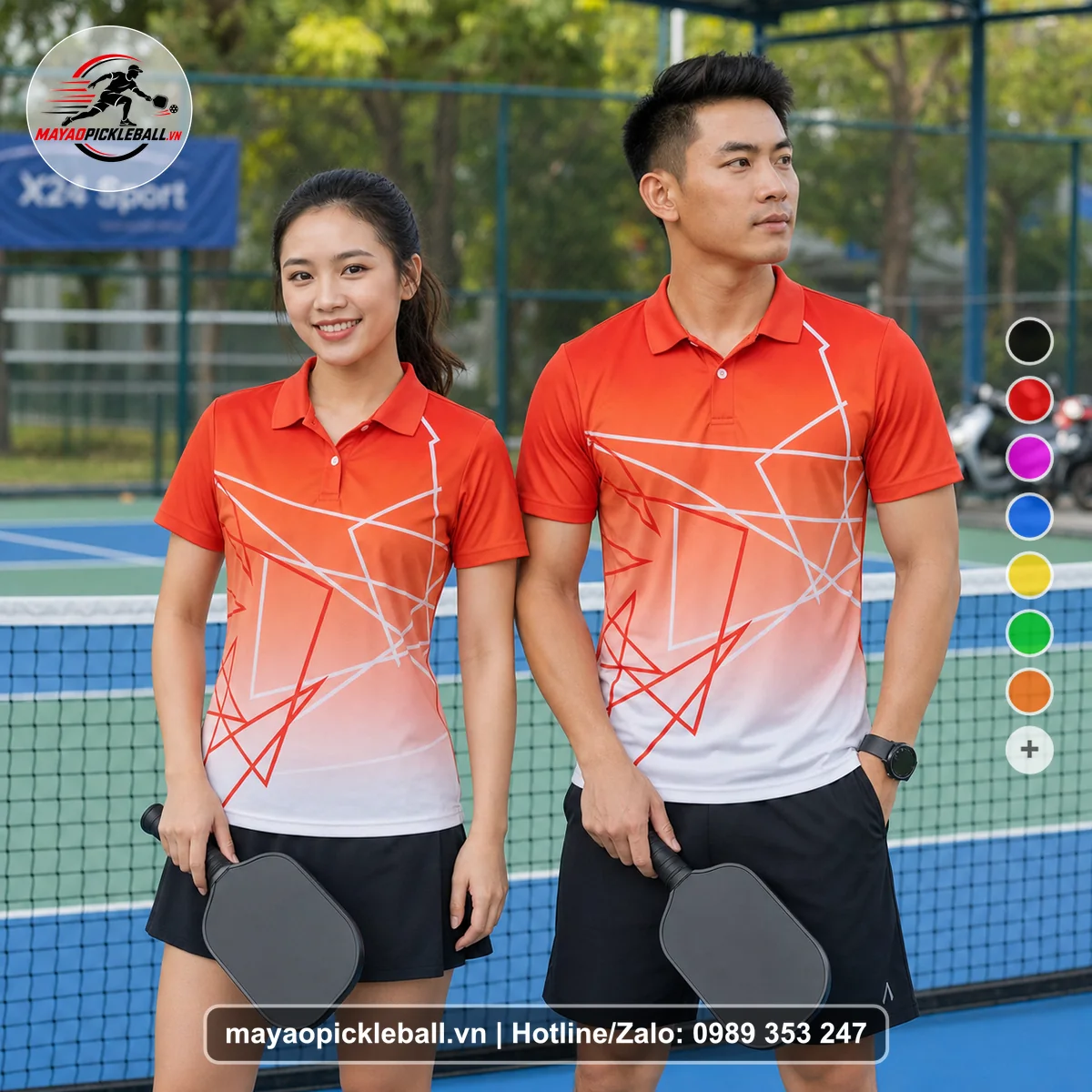 Bộ quần áo pickleball X24-PB-489 đỏ, cam áo có tay có cổ