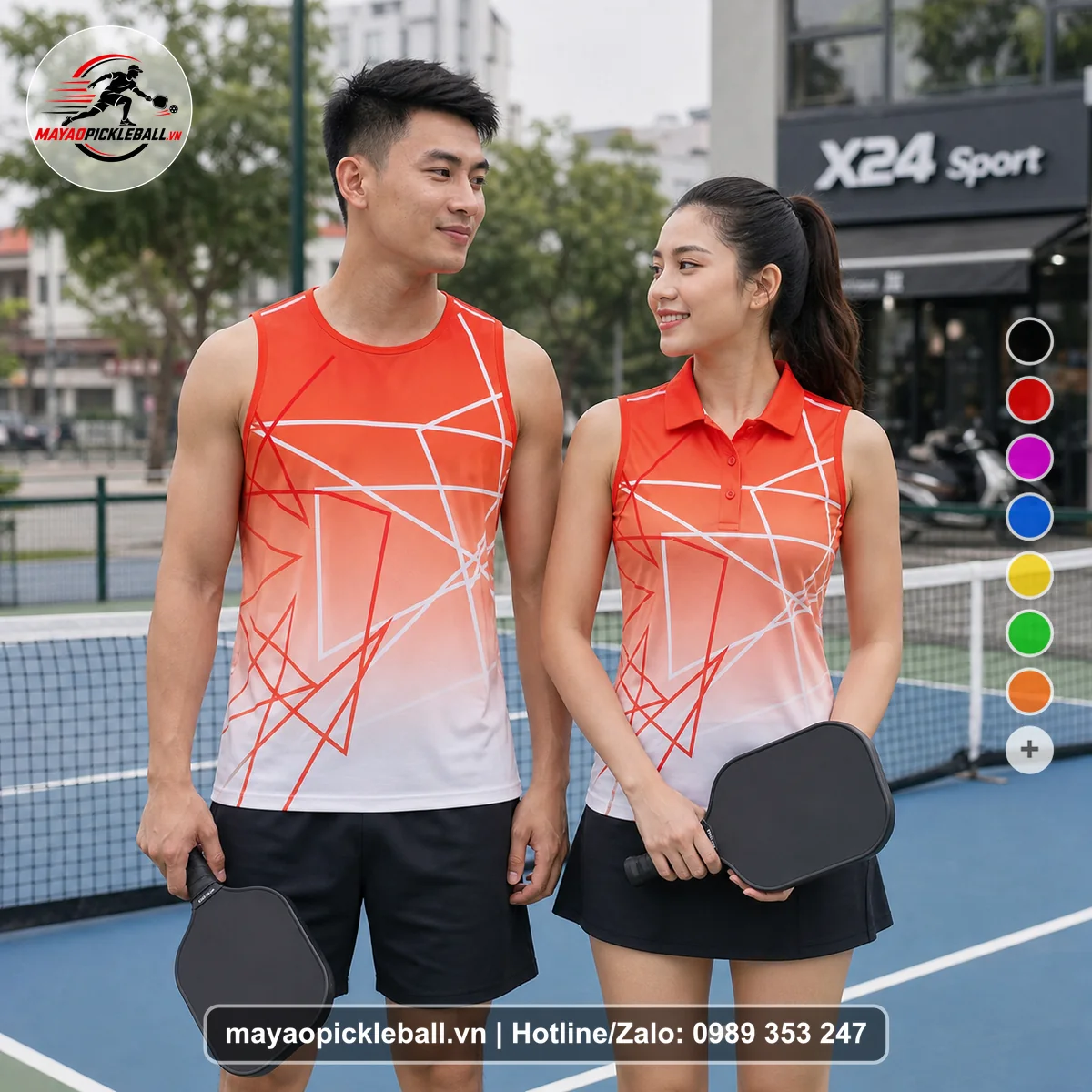 Bộ quần áo pickleball X24-PB-489 đỏ, cam biến thể không ống tay