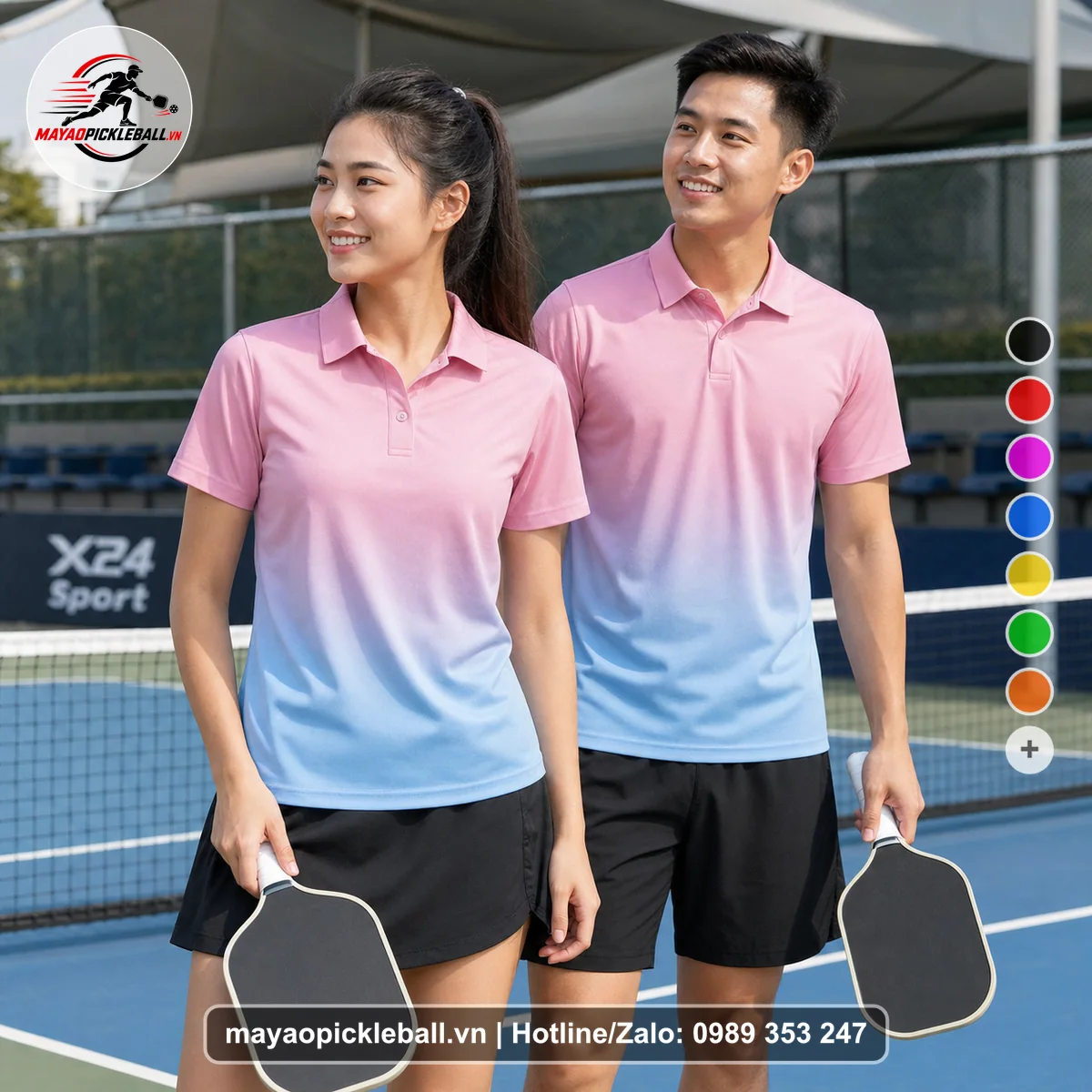 Bộ quần áo pickleball X24-PB-490 hồng, xanh áo có tay có cổ