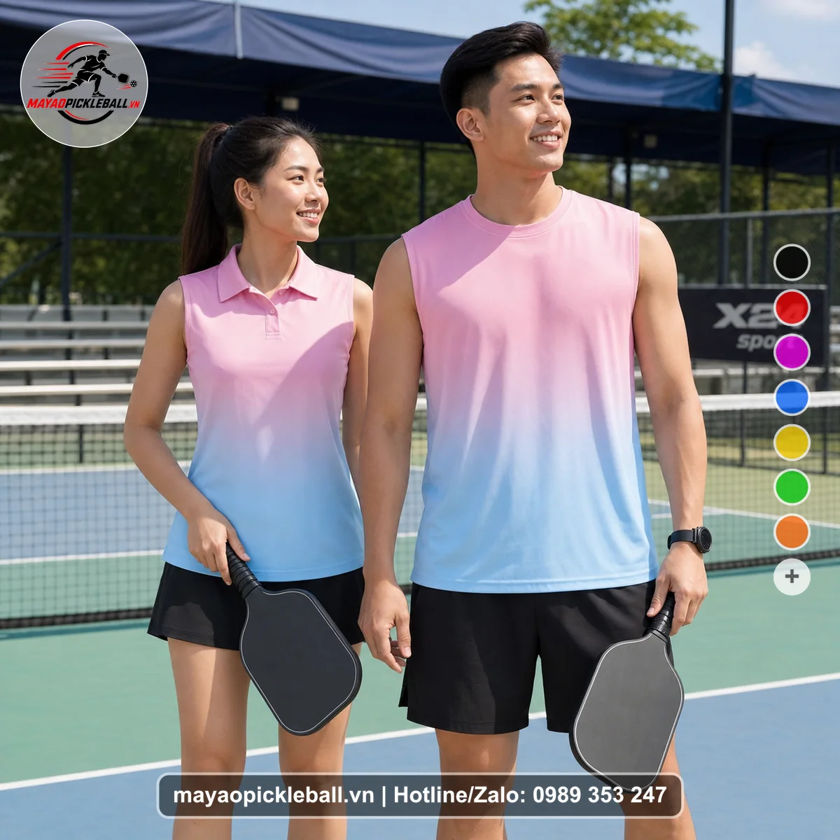Bộ quần áo pickleball X24-PB-490 hồng, xanh biến thể không ống tay