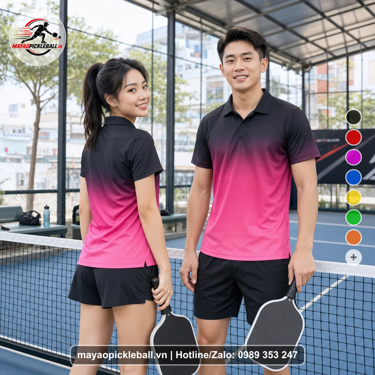 Bộ quần áo pickleball X24-PB-493 hồng, đen áo có tay có cổ
