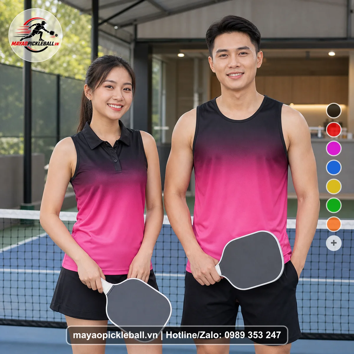 Bộ quần áo pickleball X24-PB-493 hồng, đen biến thể không ống tay