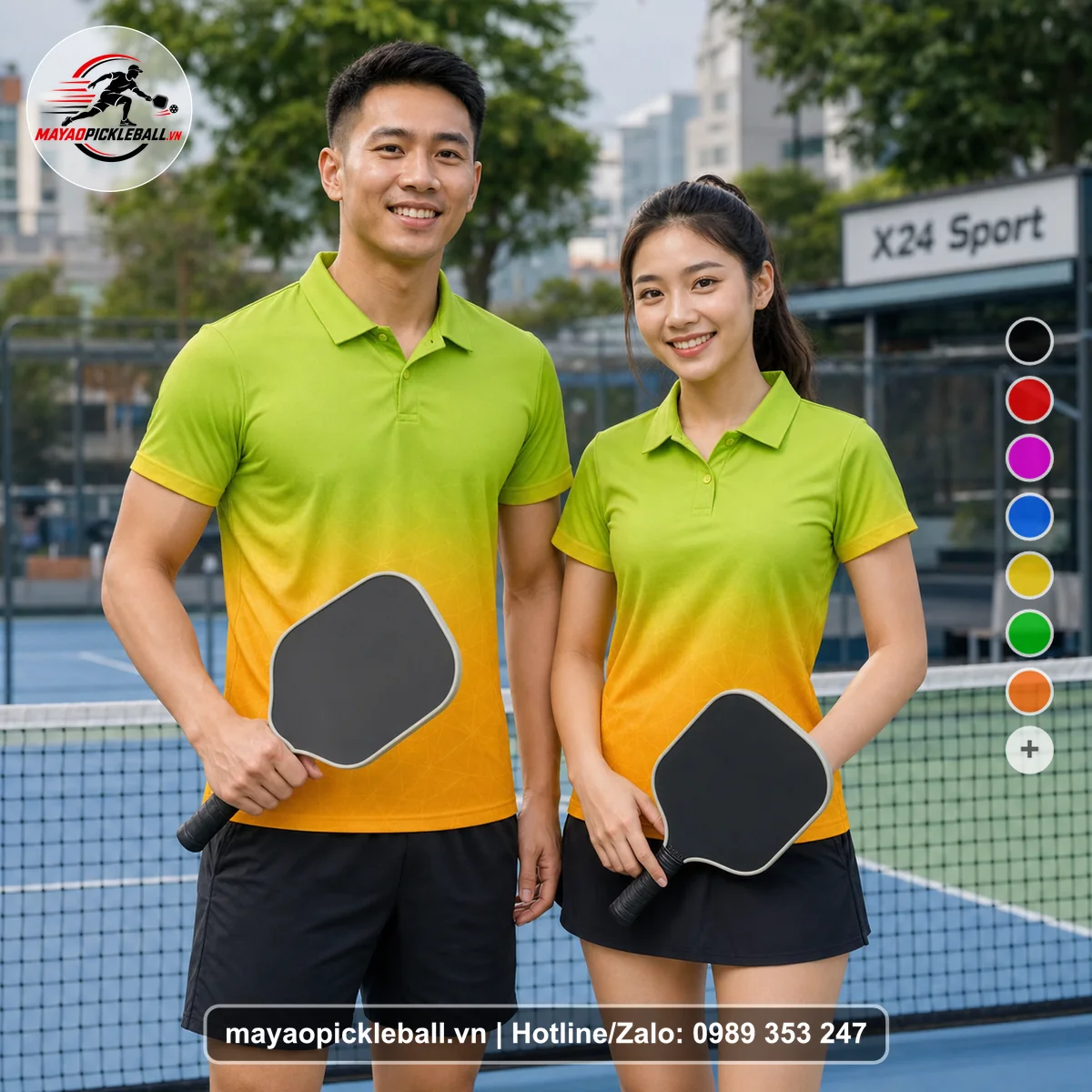 Bộ quần áo pickleball X24-PB-495 xanh áo có tay có cổ