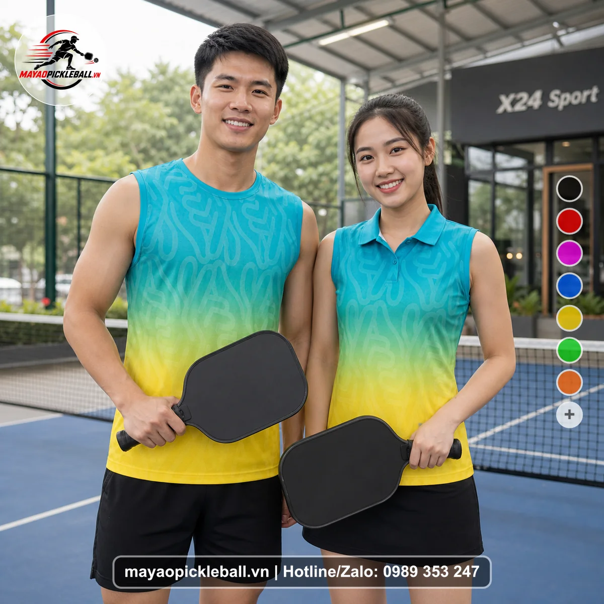 Bộ quần áo pickleball X24-PB-496 vàng, xanh biến thể không ống tay