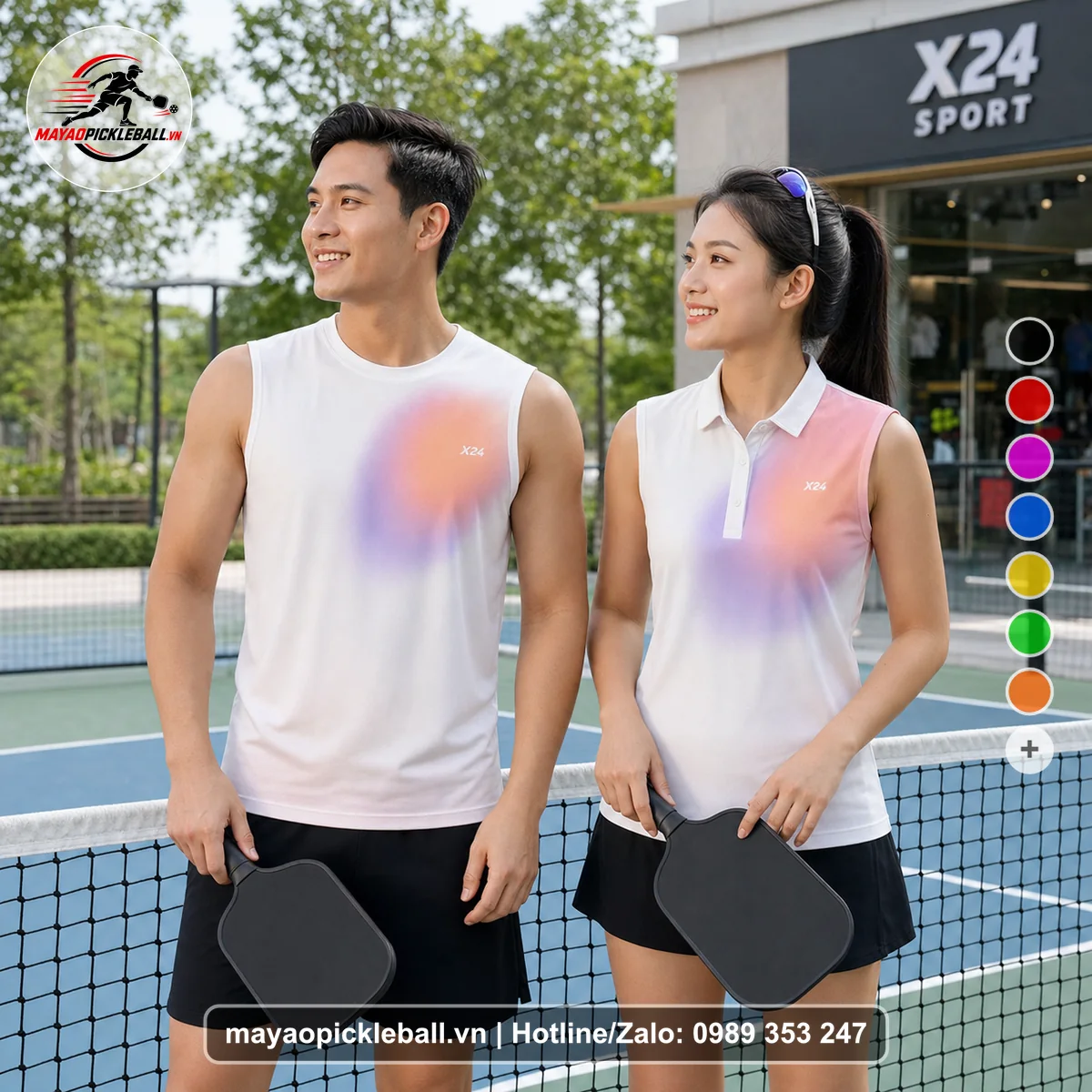 Bộ quần áo pickleball X24-PB-497 trắng biến thể không ống tay