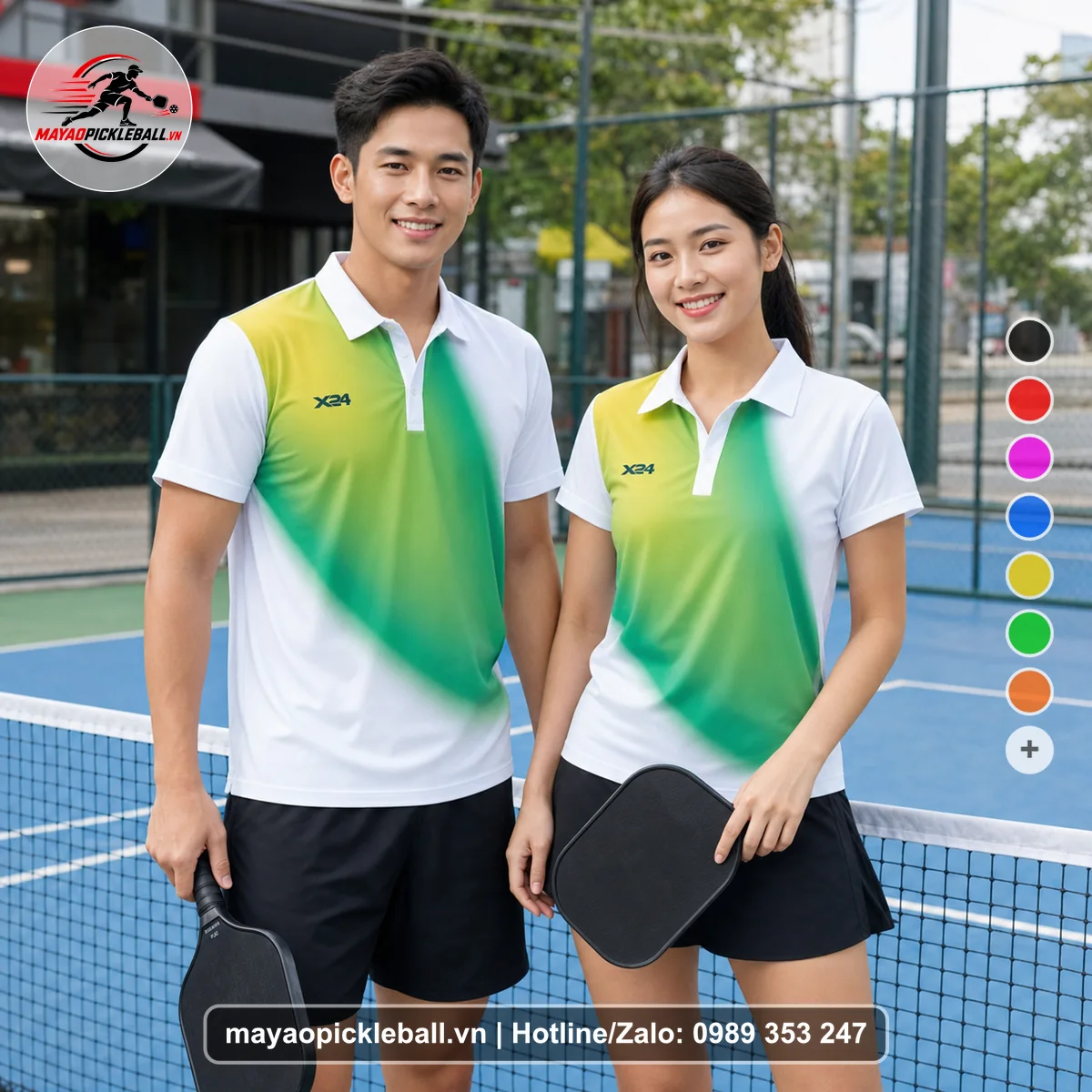 Bộ quần áo pickleball X24-PB-504 trắng, xanh két, xanh lá áo có tay có cổ